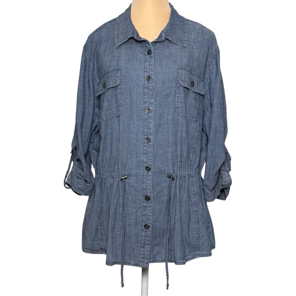 Chico’s Vintage Denim Button Down Shirt Roll Tab Sleeves Drawstring Waist Size 3